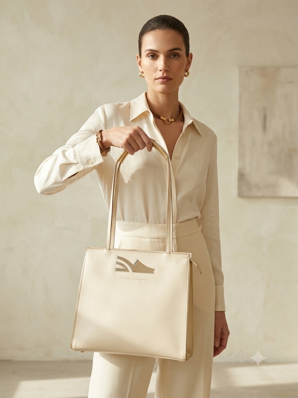 Salvatore Ferragamo Écru Patent and Leather Signature Shoe Logo Shoulder Bag